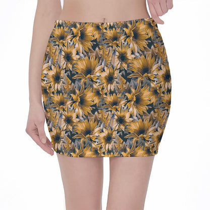 Vintage Sunflower Pattern Print Pencil Mini Skirt
