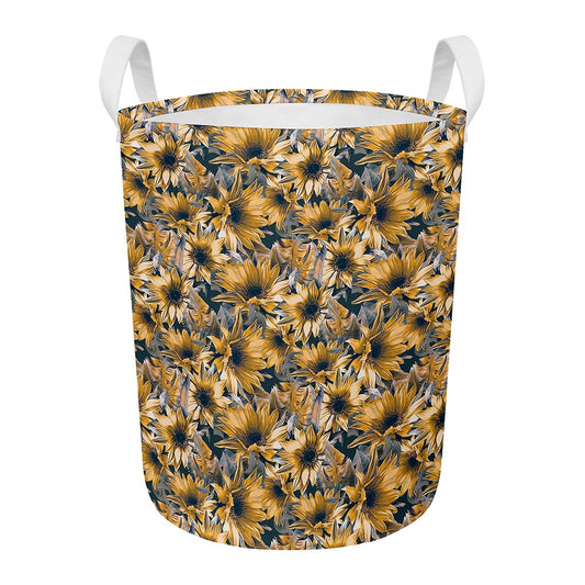 Vintage Sunflower Pattern Print Round Laundry Basket