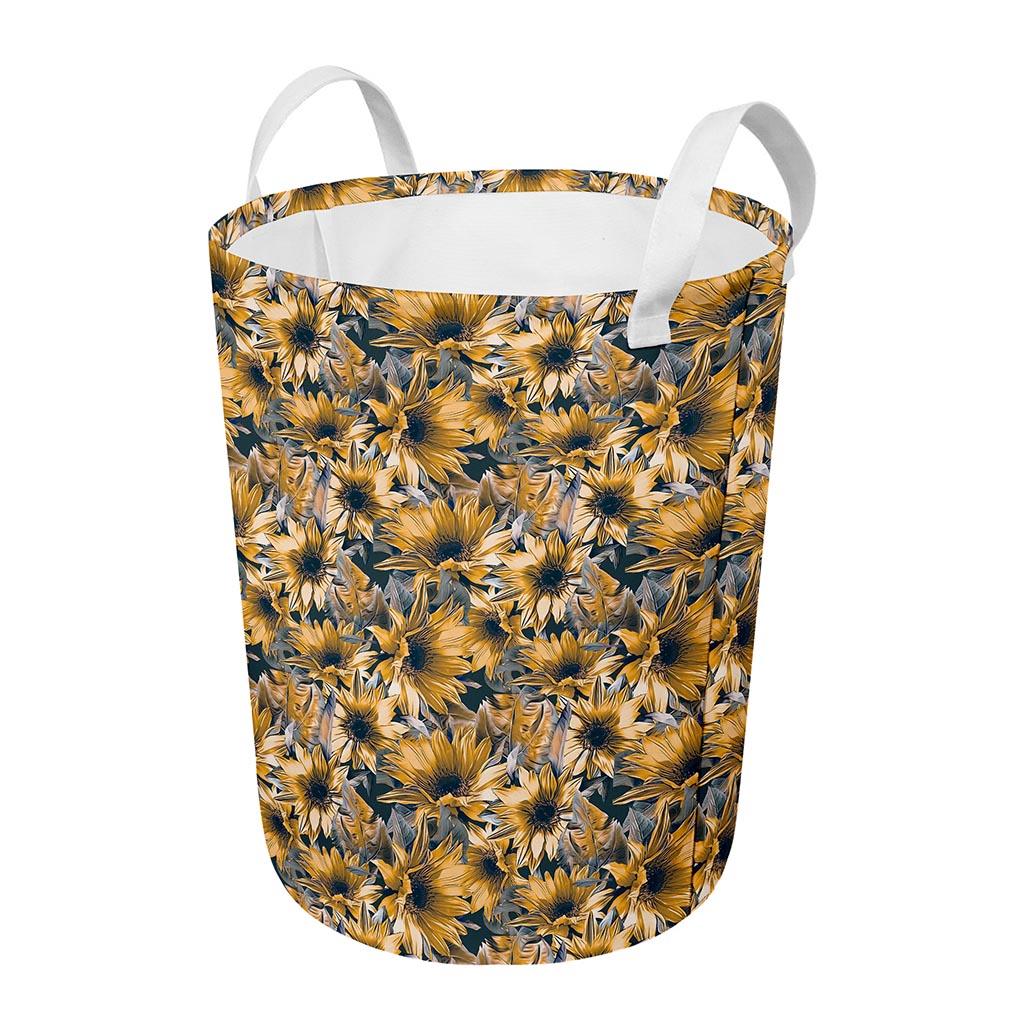 Vintage Sunflower Pattern Print Round Laundry Basket