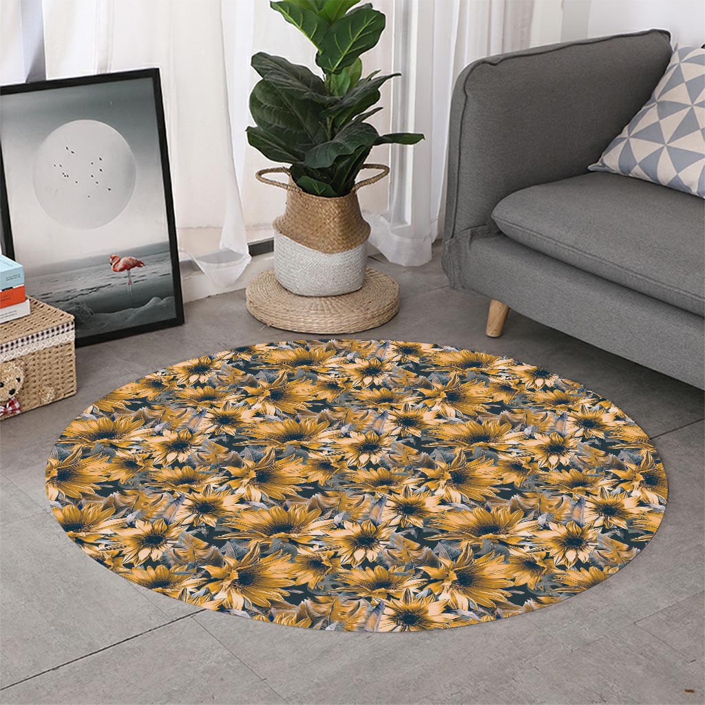 Vintage Sunflower Pattern Print Round Rug