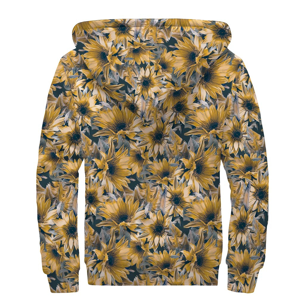 Vintage Sunflower Pattern Print Sherpa Lined Zip Up Hoodie
