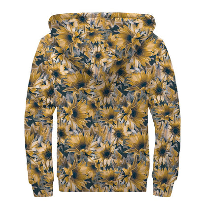 Vintage Sunflower Pattern Print Sherpa Lined Zip Up Hoodie