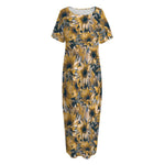 Vintage Sunflower Pattern Print Short Sleeve Long Nightdress
