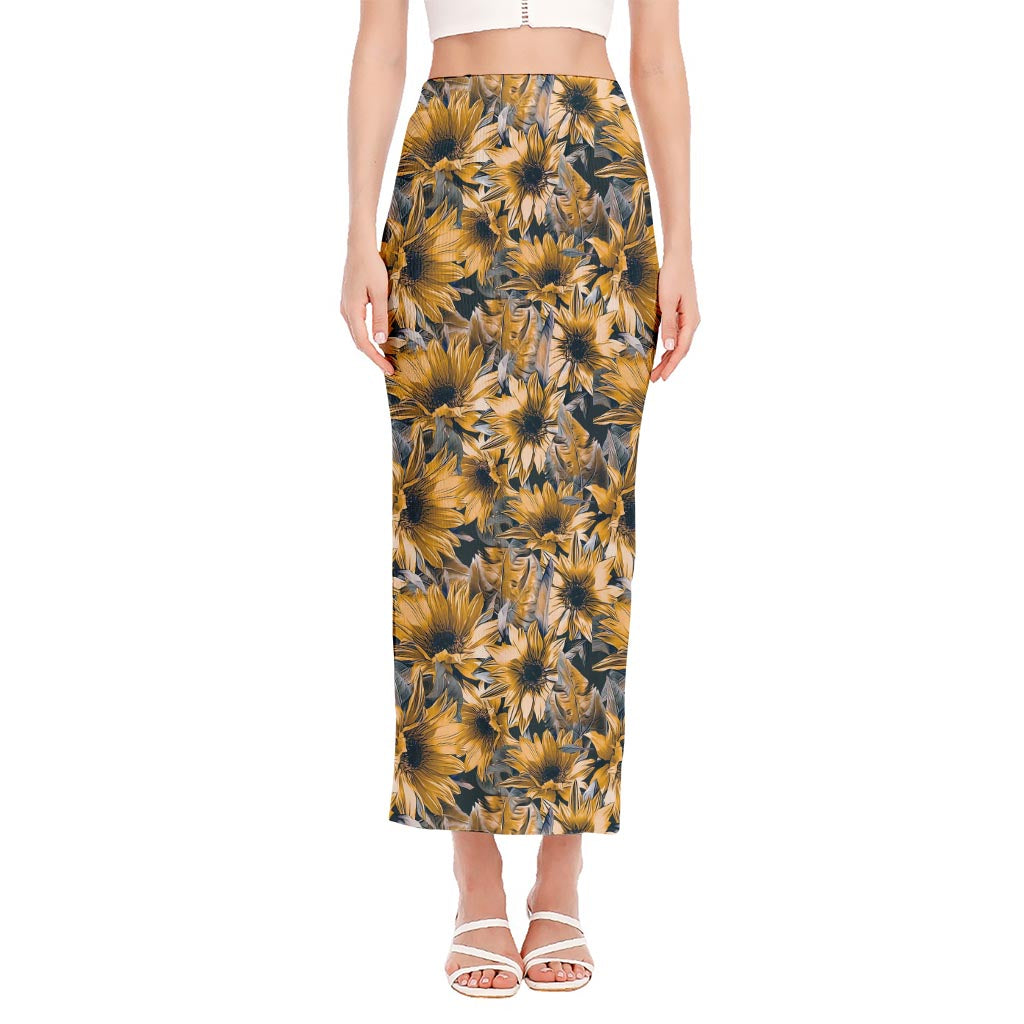 Vintage Sunflower Pattern Print Side Slit Maxi Skirt
