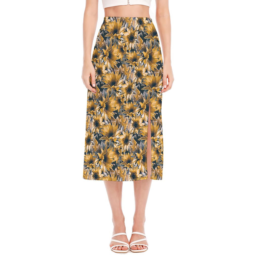 Vintage Sunflower Pattern Print Side Slit Midi Skirt