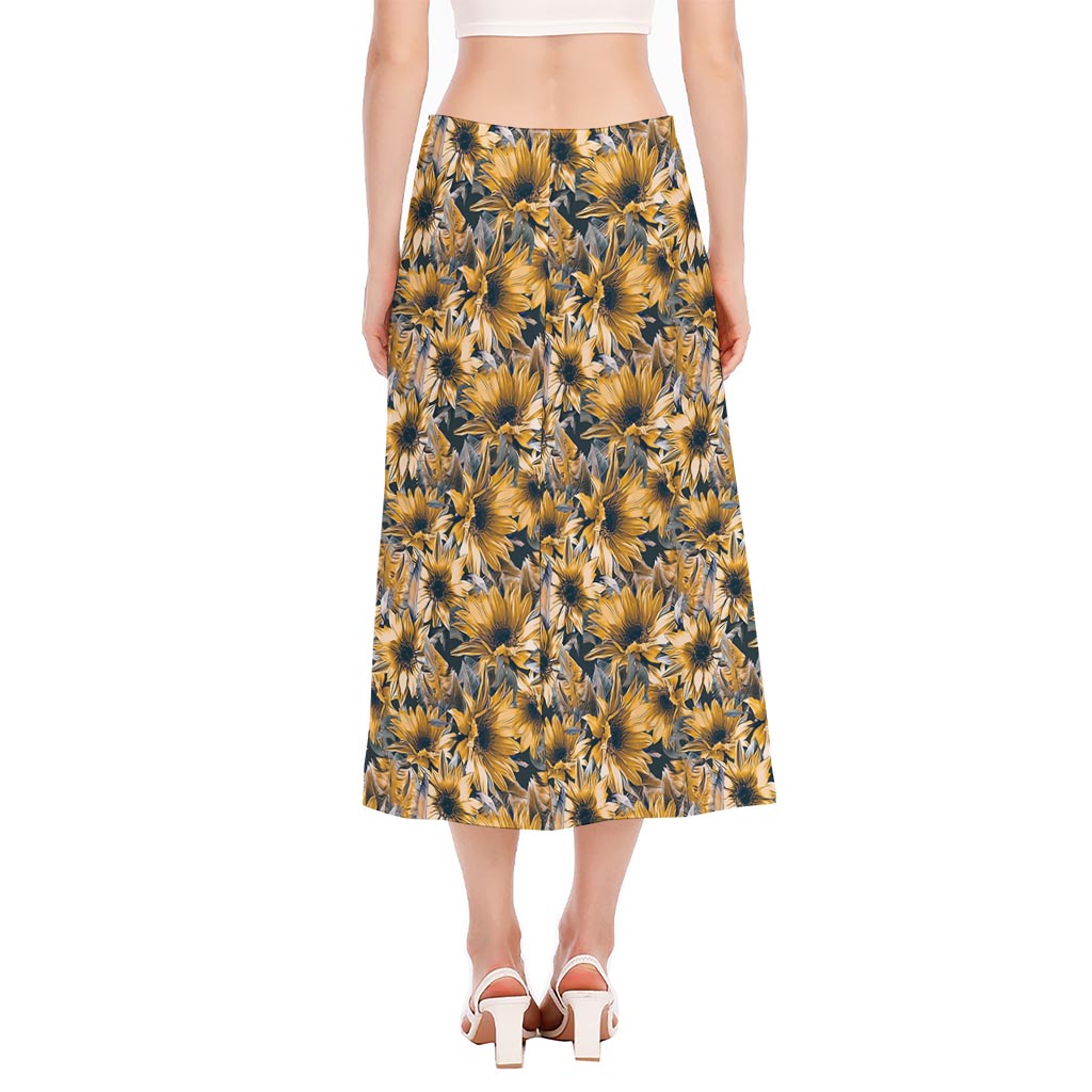 Vintage Sunflower Pattern Print Side Slit Midi Skirt