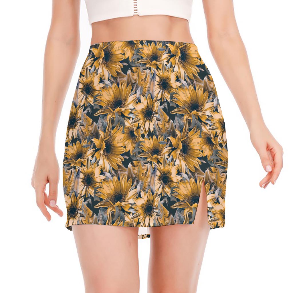Vintage Sunflower Pattern Print Side Slit Mini Skirt