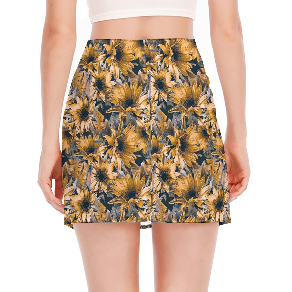 Vintage Sunflower Pattern Print Side Slit Mini Skirt