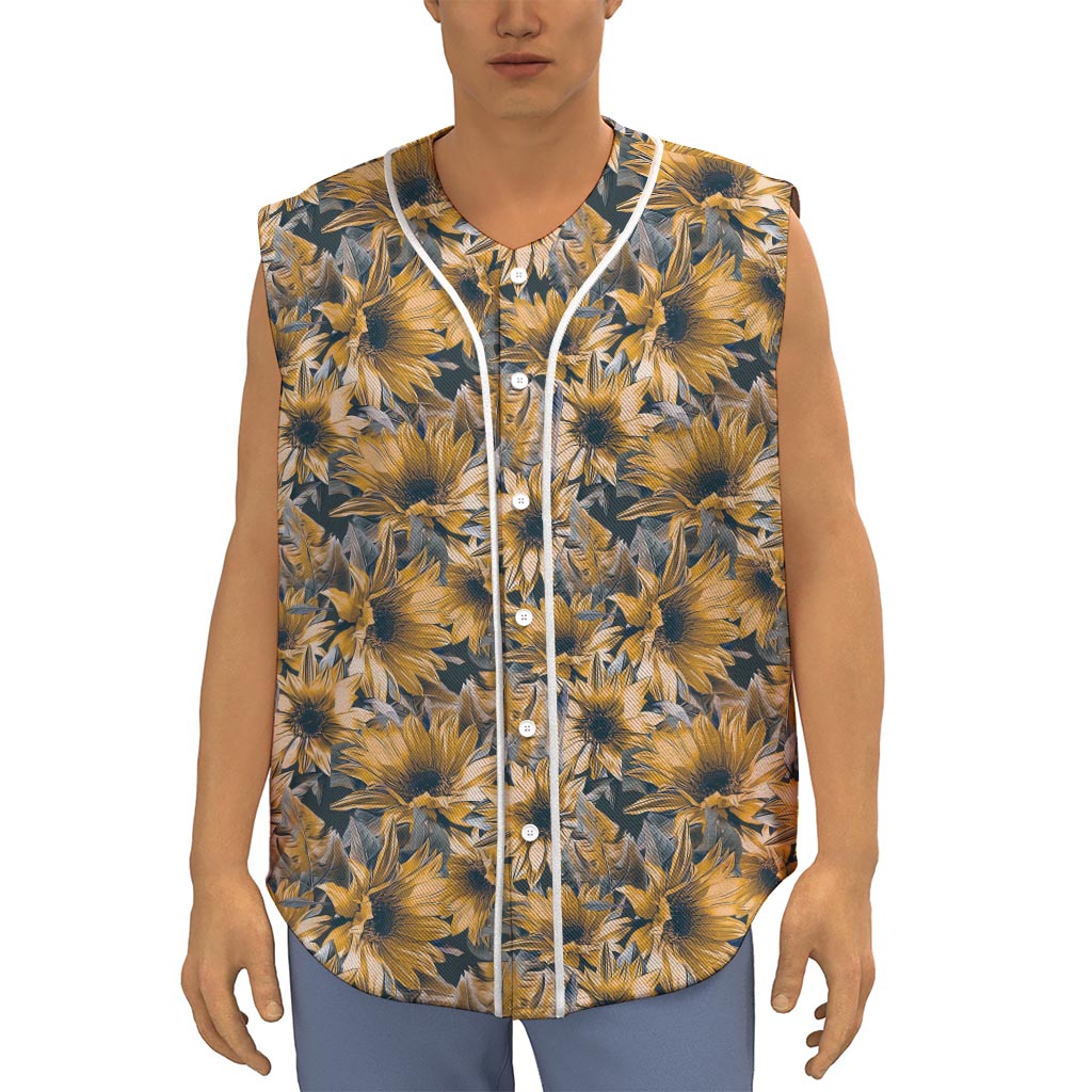 Vintage Sunflower Pattern Print Sleeveless Baseball Jersey