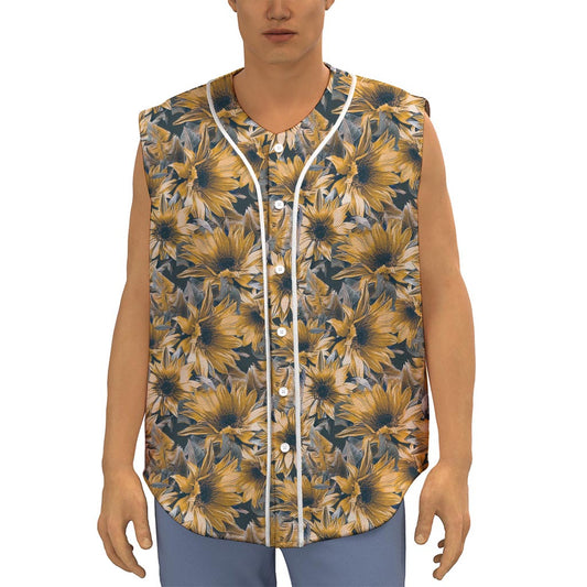 Vintage Sunflower Pattern Print Sleeveless Baseball Jersey
