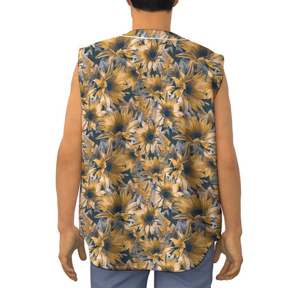 Vintage Sunflower Pattern Print Sleeveless Baseball Jersey