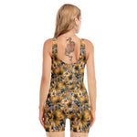 Vintage Sunflower Pattern Print Sleeveless One Piece Swimsuit