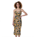 Vintage Sunflower Pattern Print Slim Fit Midi Cami Dress