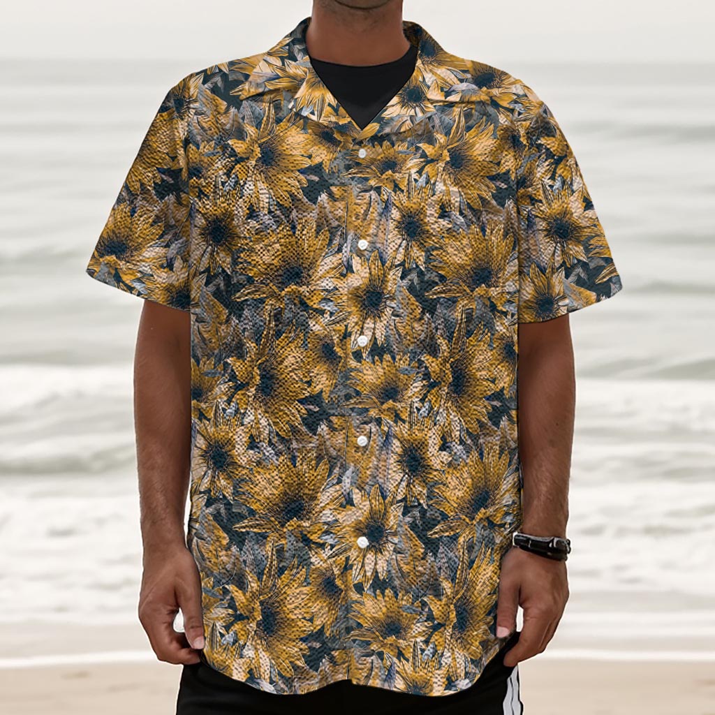 Vintage Sunflower Pattern Print Textured Short Sleeve Shirt