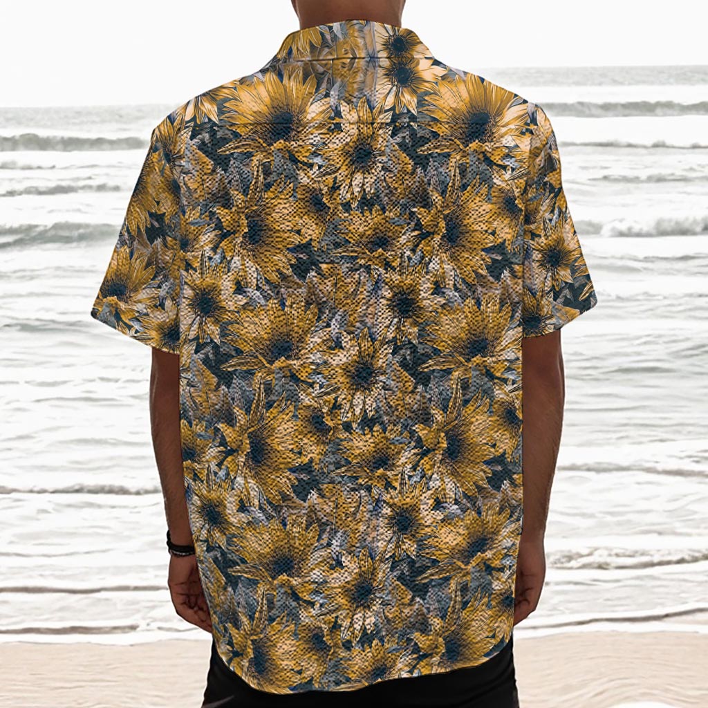Vintage Sunflower Pattern Print Textured Short Sleeve Shirt