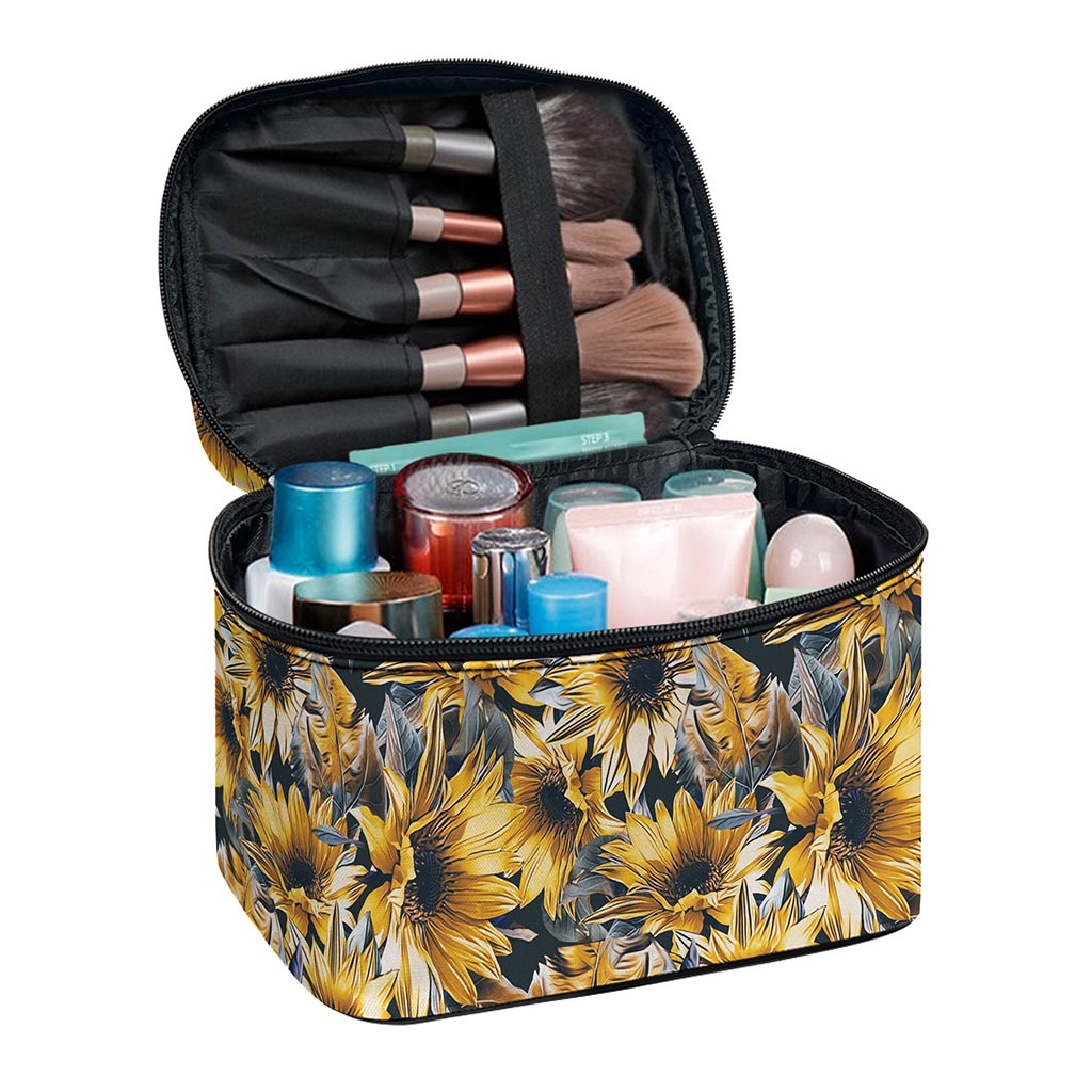 Vintage Sunflower Pattern Print Travel Makeup Bag