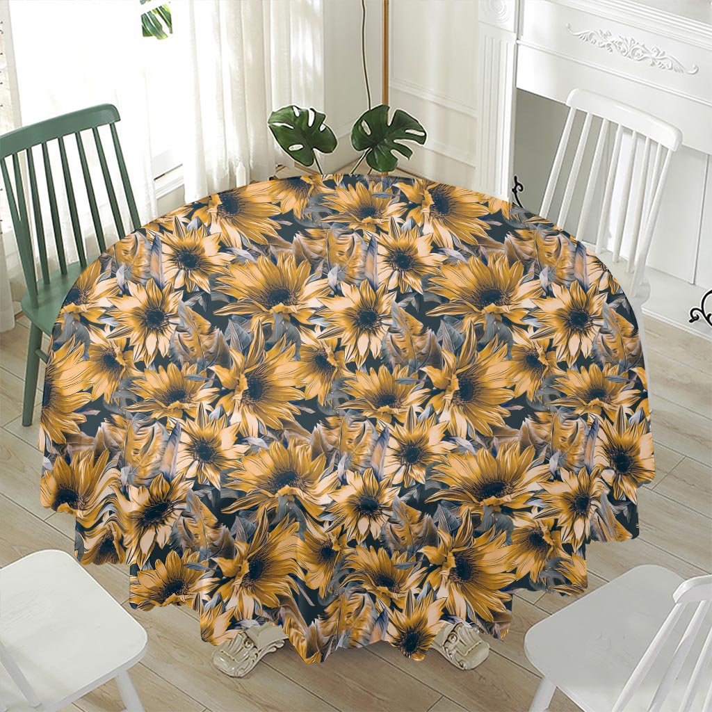 Vintage Sunflower Pattern Print Waterproof Round Tablecloth