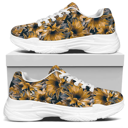 Vintage Sunflower Pattern Print White Chunky Shoes