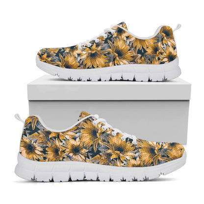 Vintage Sunflower Pattern Print White Running Shoes