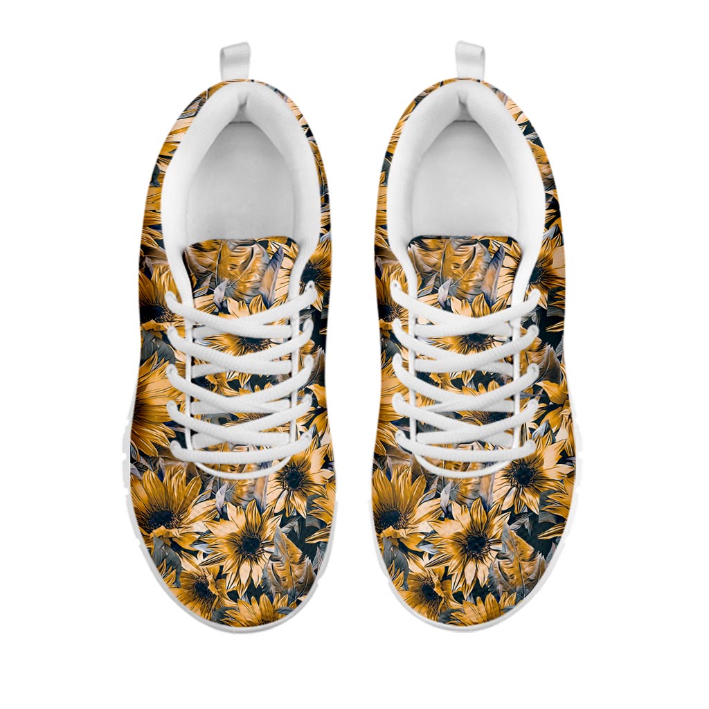 Vintage Sunflower Pattern Print White Running Shoes