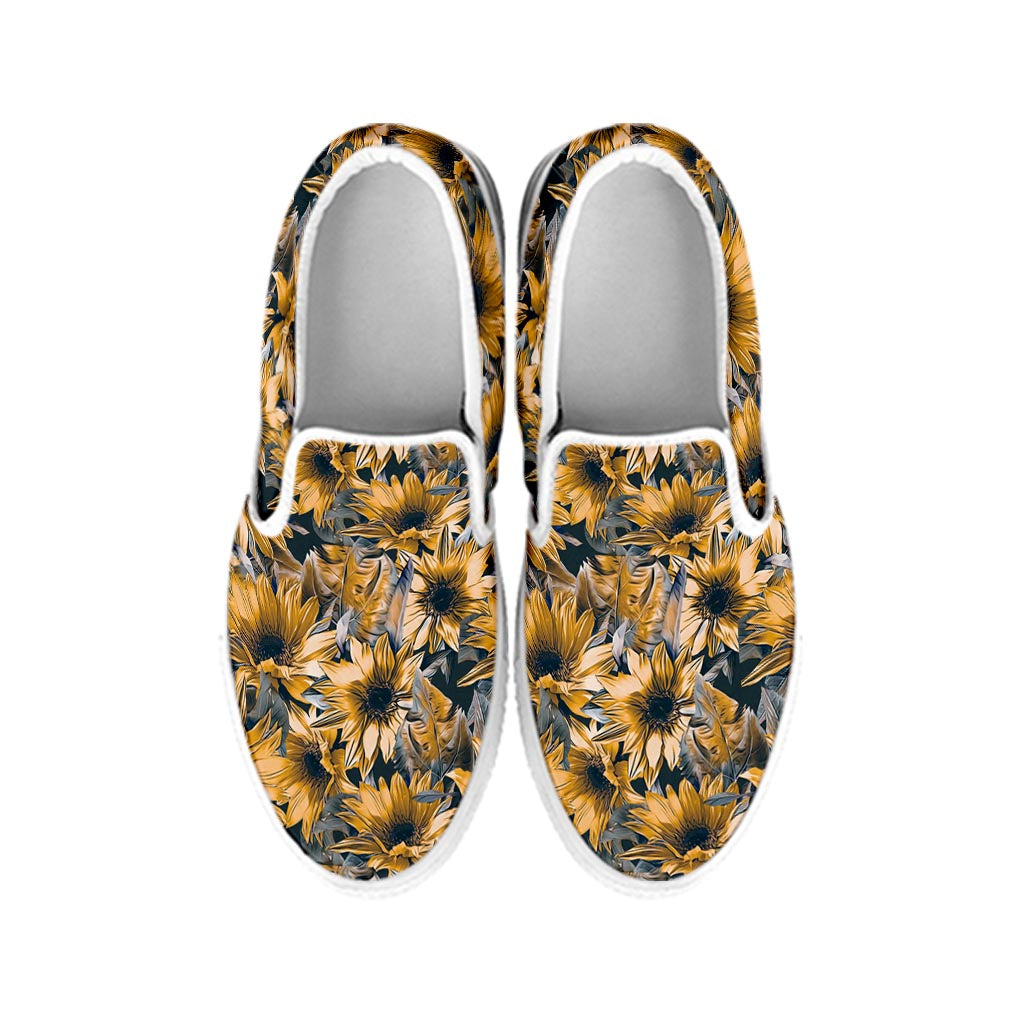 Vintage Sunflower Pattern Print White Slip On Sneakers