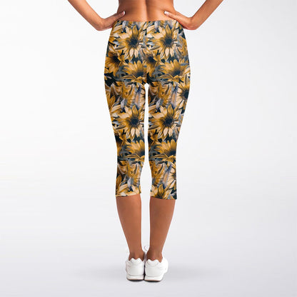 Vintage Sunflower Pattern Print Women's Capri Leggings