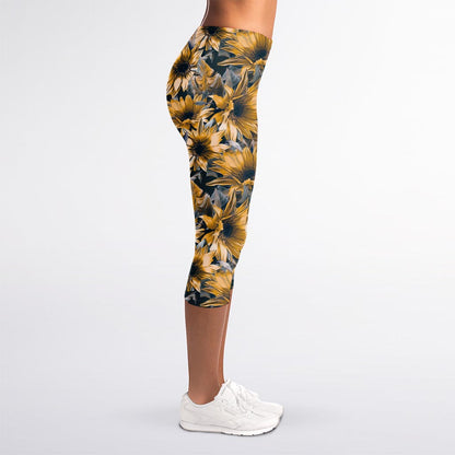 Vintage Sunflower Pattern Print Women's Capri Leggings