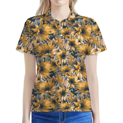 Vintage Sunflower Pattern Print Women's Polo Shirt