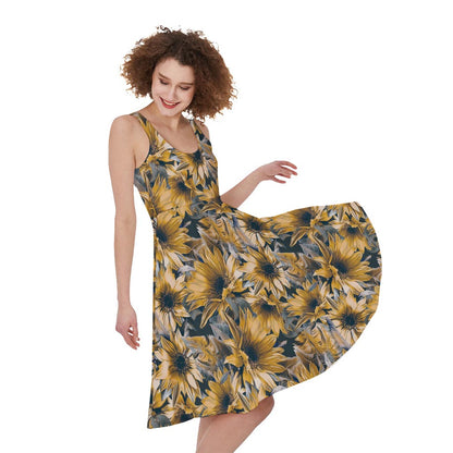 Vintage Sunflower Pattern Print Women's Sleeveless Dress