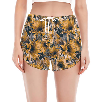 Vintage Sunflower Pattern Print Women's Split Running Shorts