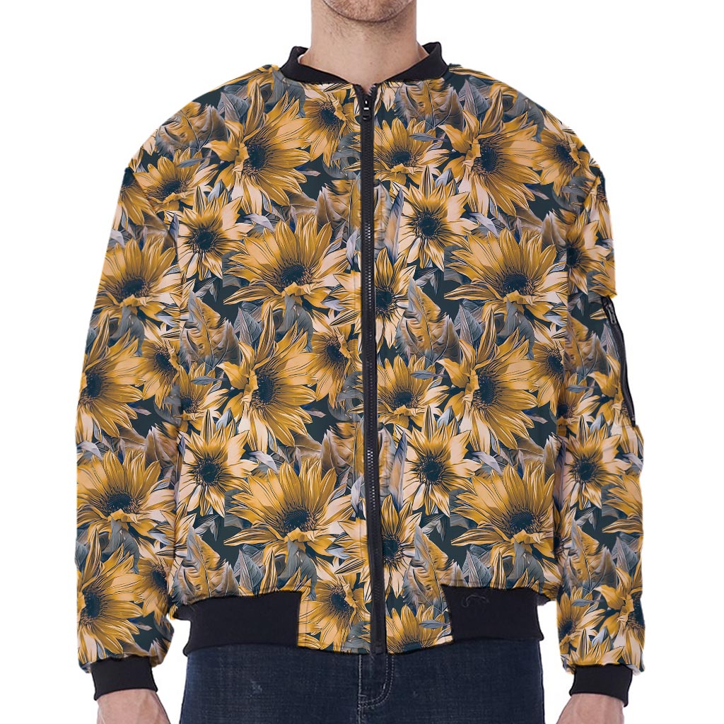 Vintage Sunflower Pattern Print Zip Sleeve Bomber Jacket