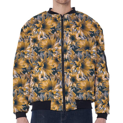 Vintage Sunflower Pattern Print Zip Sleeve Bomber Jacket