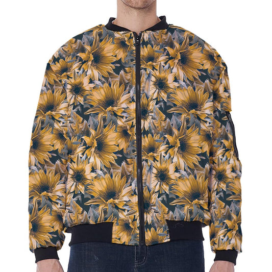 Vintage Sunflower Pattern Print Zip Sleeve Bomber Jacket