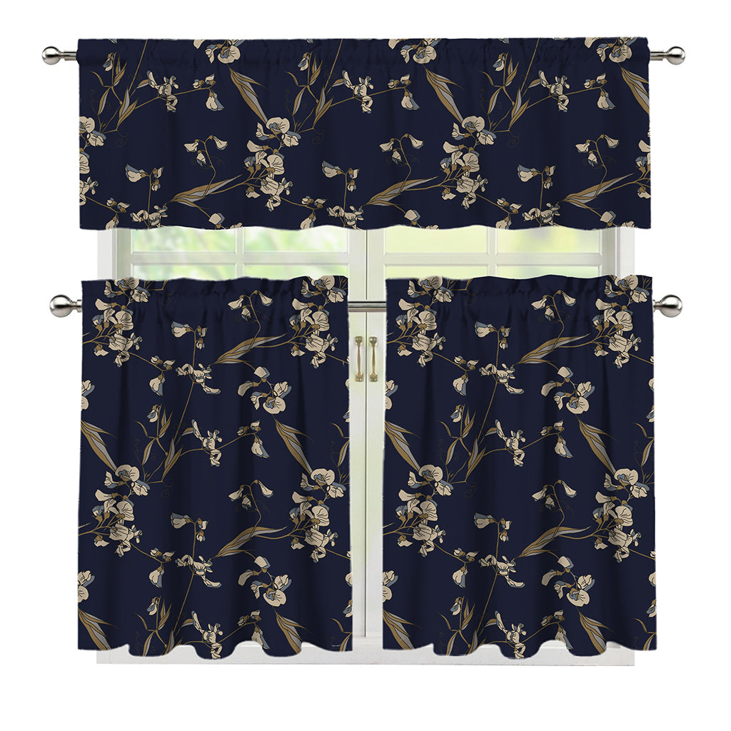Vintage Sweet Pea Pattern Print 3 Piece Kitchen Curtains