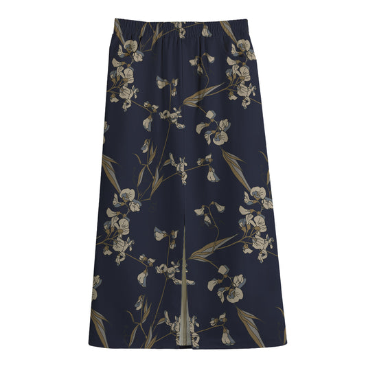 Vintage Sweet Pea Pattern Print Cotton Front Slit Maxi Skirt