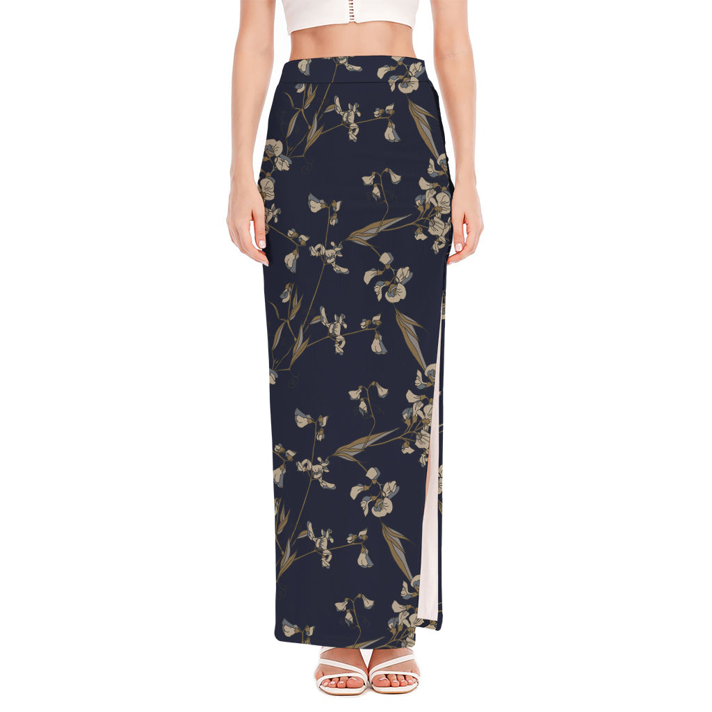 Vintage Sweet Pea Pattern Print High Slit Maxi Skirt