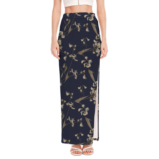 Vintage Sweet Pea Pattern Print High Slit Maxi Skirt