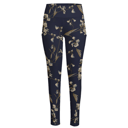 Vintage Sweet Pea Pattern Print High-Waisted Pocket Leggings