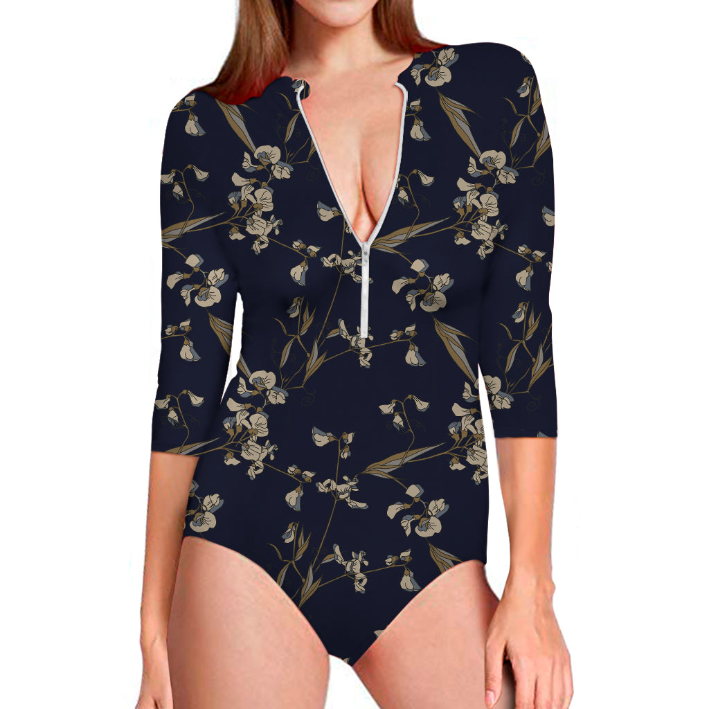 Vintage Sweet Pea Pattern Print Long Sleeve Swimsuit