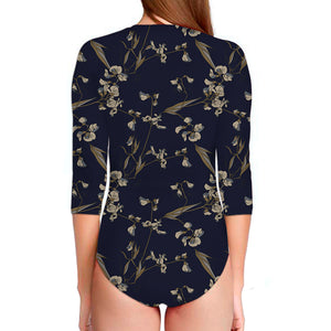 Vintage Sweet Pea Pattern Print Long Sleeve Swimsuit