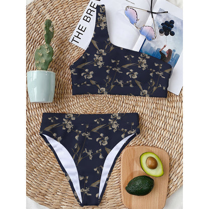 Vintage Sweet Pea Pattern Print One Shoulder Bikini Top