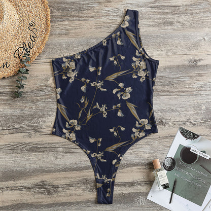 Vintage Sweet Pea Pattern Print One Shoulder Bodysuit