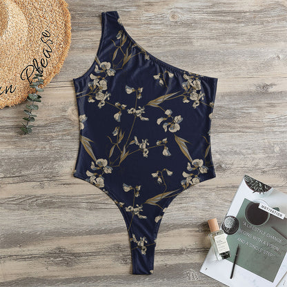 Vintage Sweet Pea Pattern Print One Shoulder Bodysuit