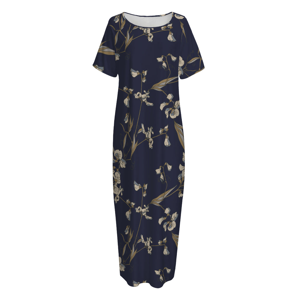 Vintage Sweet Pea Pattern Print Short Sleeve Long Nightdress