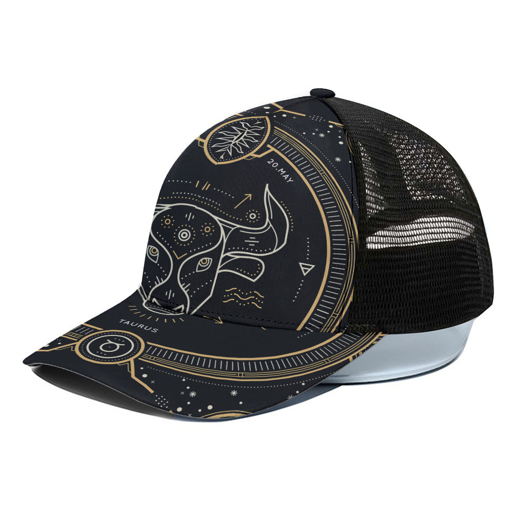 Vintage Taurus Zodiac Sign Print Black Mesh Trucker Cap
