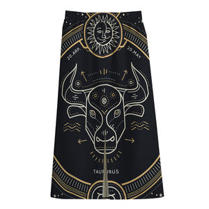 Vintage Taurus Zodiac Sign Print Cotton Front Slit Maxi Skirt