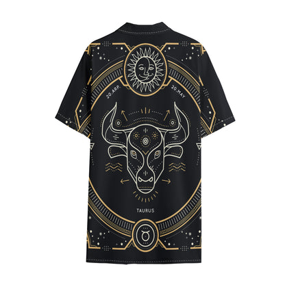 Vintage Taurus Zodiac Sign Print Cotton Hawaiian Shirt