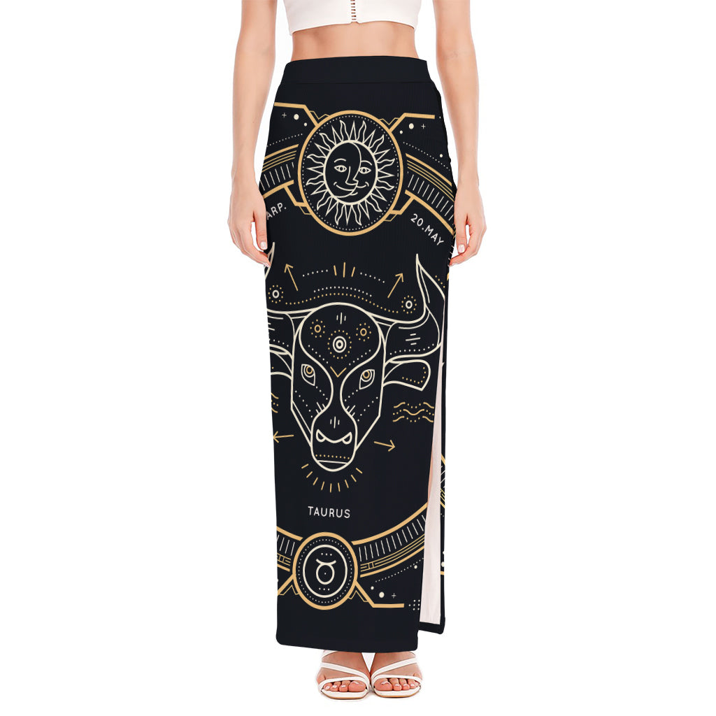 Vintage Taurus Zodiac Sign Print High Slit Maxi Skirt