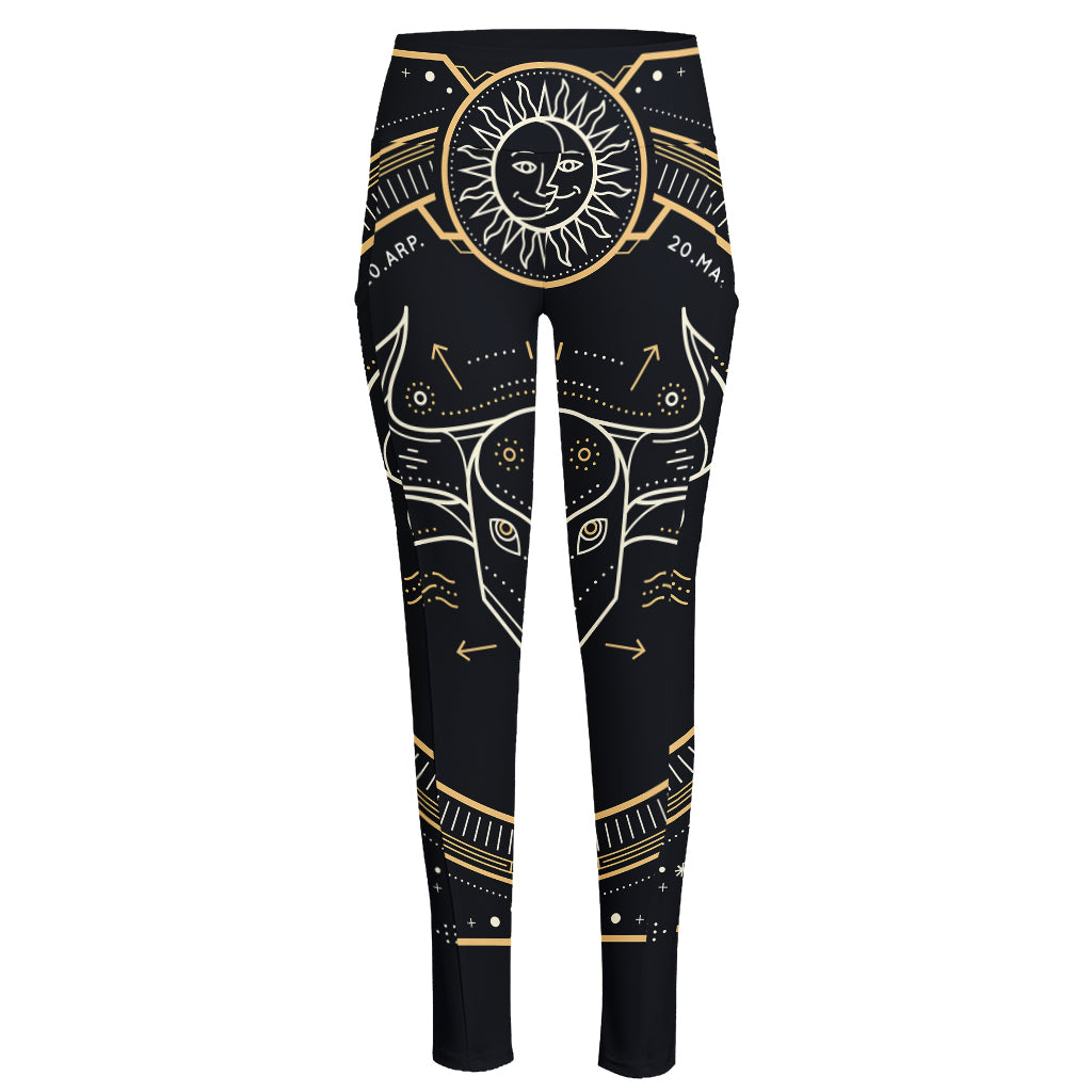 Vintage Taurus Zodiac Sign Print High-Waisted Pocket Leggings