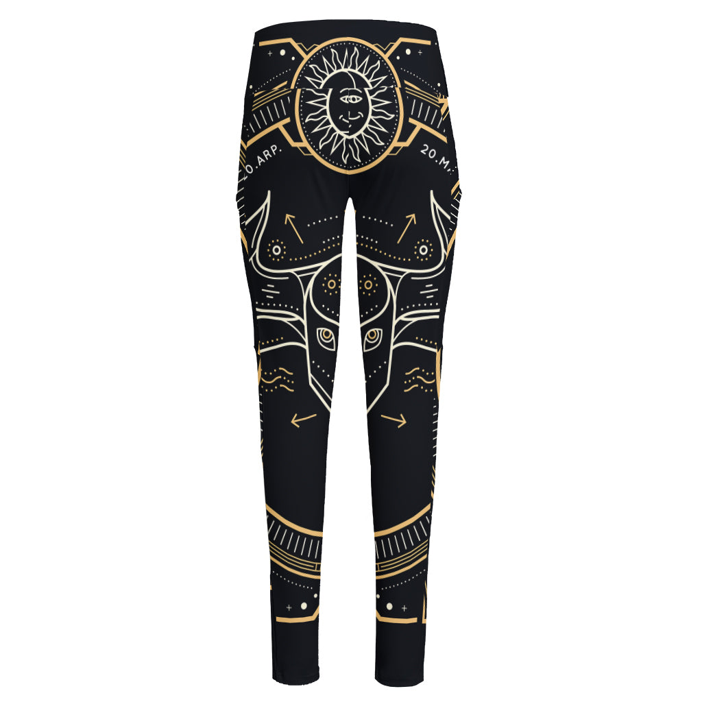 Vintage Taurus Zodiac Sign Print High-Waisted Pocket Leggings